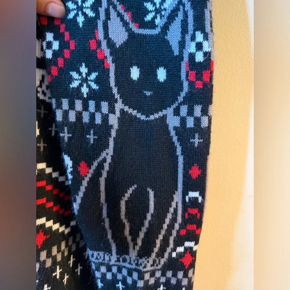 Killstar Gothic Skull & Black Cat Ugly Christmas Sweater XL Goth Holiday Knit - Picture 7 of 8